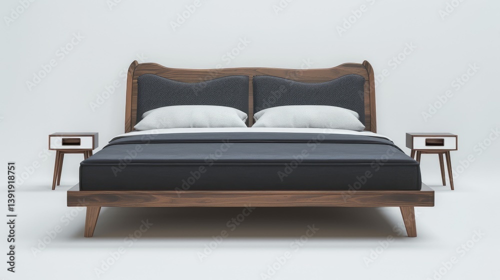 Modern solid wood bed, dark walnut color with black fabric headboard and footboard, front view, white background Modern solid wood bed, dark walnut color with black fabric headboard and footboard, front view, white background