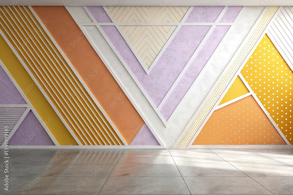 Facade of a modern building in orange, light purple, and yellow. Minimalist. Color gradient background. Geometric shapes. Lines, stripes, triangles, angles, and 3D shadows. Futuristic design. Metallic