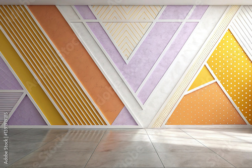 Obraz na płótnie Facade of a modern building in orange, light purple, and yellow. Minimalist. Color gradient background. Geometric shapes. Lines, stripes, triangles, angles, and 3D shadows. Futuristic design. Metallic w salonie