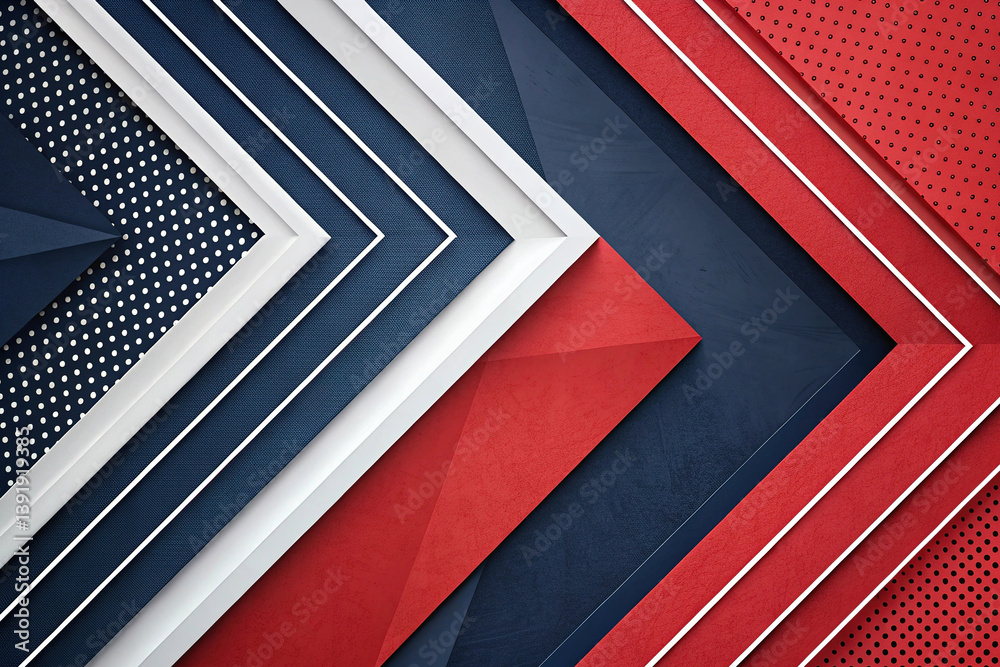 Modern abstract background in red, dark blue, and white. Minimalist. Color gradient. Geometric shape. Lines, stripes, triangles, angles, and 3D shadows. Futuristic design. Metallic effect. Light sheen