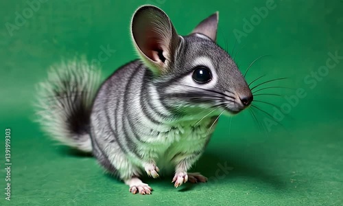 green screen video frame of cute round chinchilla sniffing and turning its head on bright solid green background