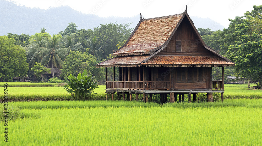 charming wooden Thai village house with steep roof in lush green fields charming wooden Thai village house with steep roof in lush green fields