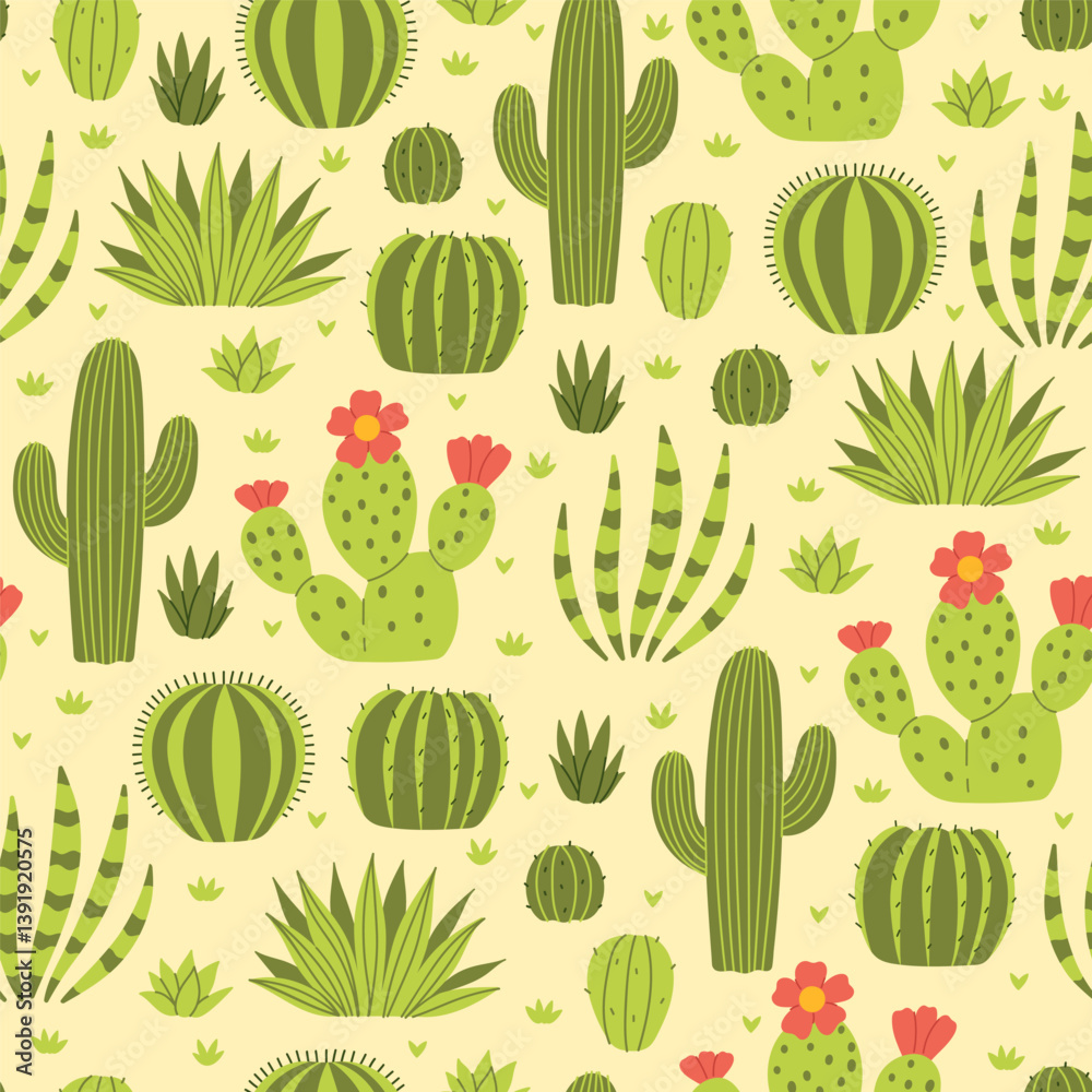 Seamless pattern with various desert cacti. Vector graphics. Seamless pattern with various desert cacti. Vector graphics.
