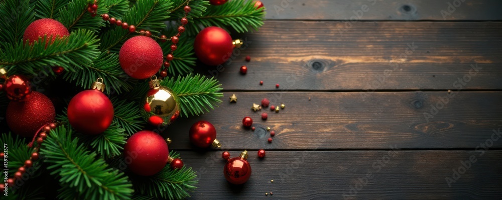 Christmas tree and ornaments on a rustic wooden background, tree, background Christmas tree and ornaments on a rustic wooden background, tree, background