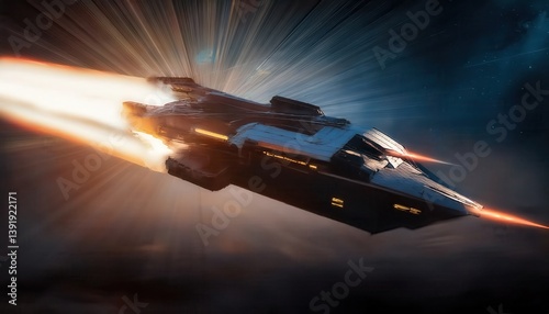 Fototapeta Naklejka Na Ścianę i Meble -  Firefly battle-ready starship with vibrant lasers preparing for combat in distant space