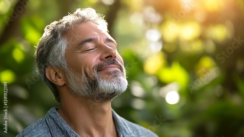 middle aged man enjoying deep breathing exercise in nature showing wellness peaceful emotion and connection to healthy outdoor living