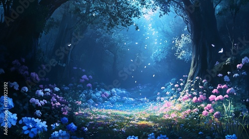 Enchanted Forest Path with Blooming Flowers and Magical Light Effect