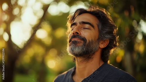 middle aged man enjoying deep breathing exercise in nature showing wellness peaceful emotion and connection to healthy outdoor living