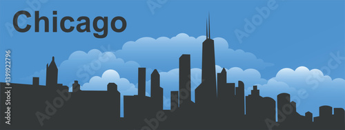 Black silhouette of the city of Chicago against a blue sky with clouds