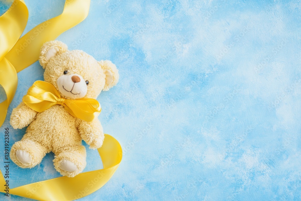Cute Teddy Bear with Yellow Ribbon on Blue Background for Baby Shower