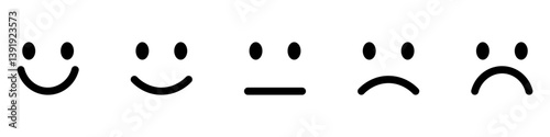 Emoji faces representing a satisfaction rating scale from happy to sad, used for feedback and surveys.