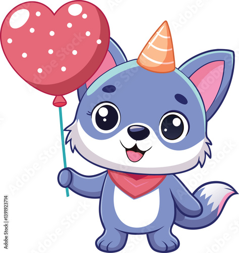 A title of a cute animal puppy, kitten holding a heart-shaped balloon 