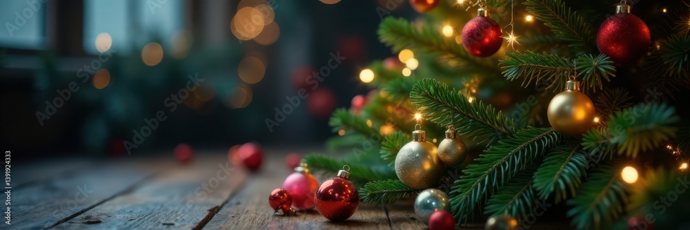 Evergreen Christmas tree with scattered ornaments and sparkling fairy lights, , evergreen tree, holiday decoration Evergreen Christmas tree with scattered ornaments and sparkling fairy lights, , evergreen tree, holiday decoration