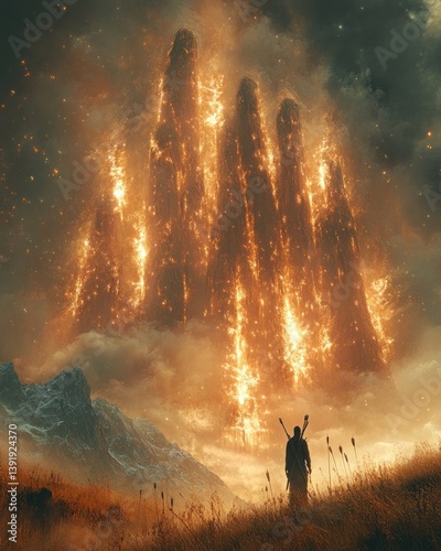 A Giant Hand Defending Against Spiritual Enemies in a Mystical Landscape