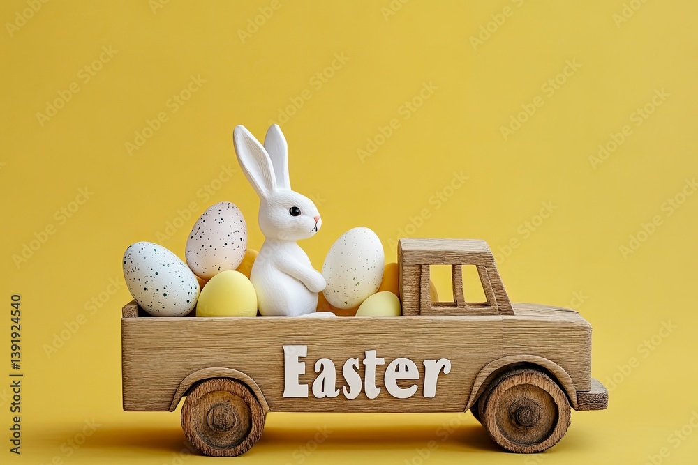 Easter Bunny in Wooden Truck with Decorated Eggs on Yellow Background
