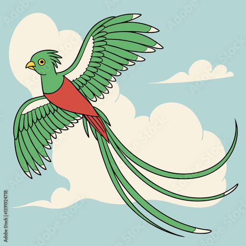 A vibrant vector illustration of a resplendent Quetzal, an iconic American bird, soaring through the sky in stunning detail.