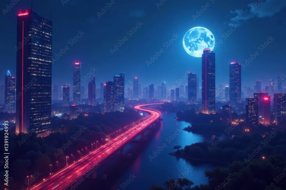 Fototapeta premium Futuristic Cityscape at Night , city, urban