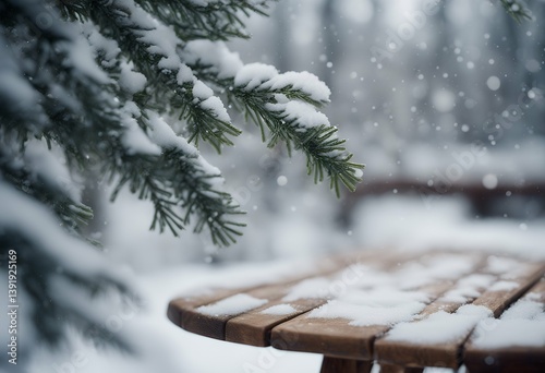 wooden table branches fir snow card winter holiday season bokeh advent christmas counter festive snowfall blank congratulation countryside forest outside rustic wintery nature silver texture
