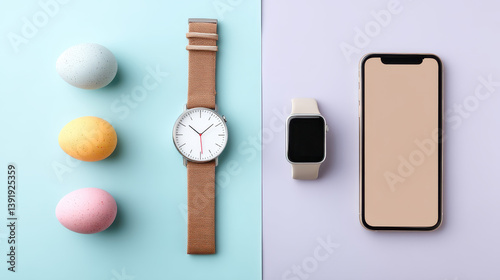 Artistic flat lay of femtech devices on pastel background showcasing health and wellness technology photo