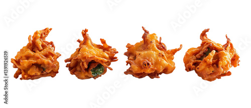 Pack of Crispy Onion Pakoras set of Five Different Poses set Against Transparent Background for Food Packaging, Restaurant Menus, or Culinary Promotions