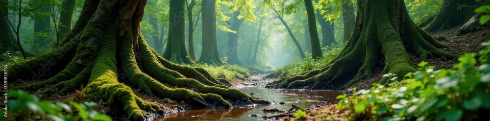 Fototapeta premium Muddy forest with moss-covered trees and twisted roots, mud, tree trunks