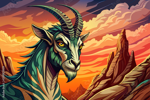 Oryx goat portrait on an alien rock formation desert under a strange colored sky, animal banner