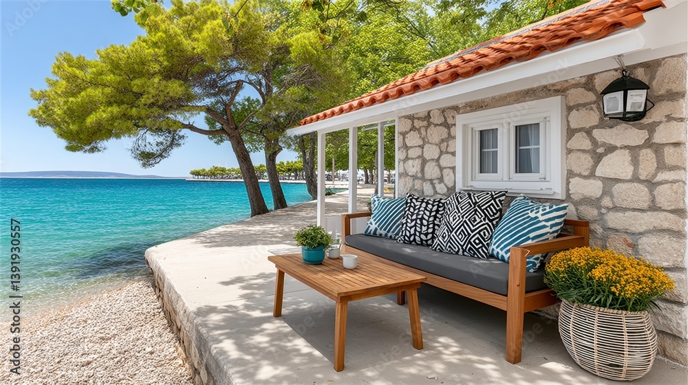Obraz premium Stone House With Red Tile Roof near Turquoise Sea With Wooden Patio Furnitures