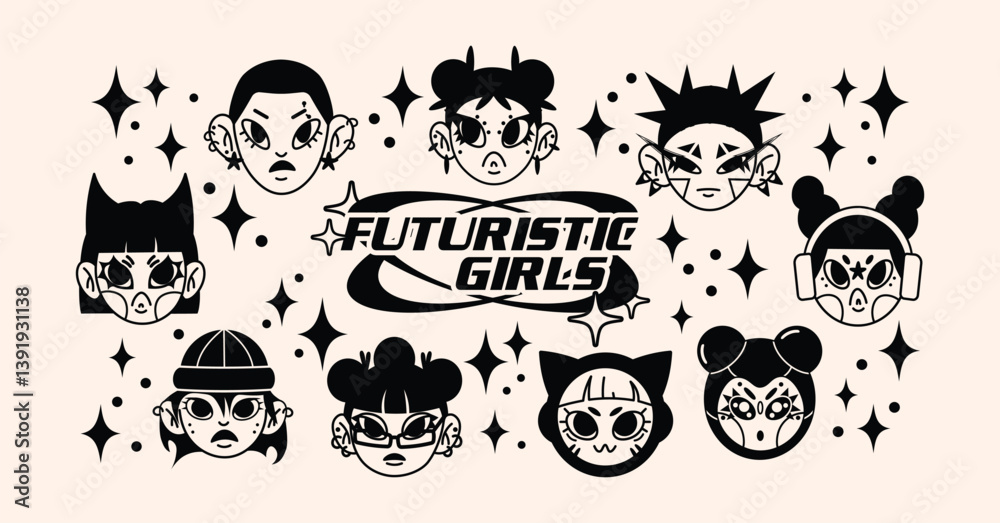 Obraz premium Retro cartoon characters in Y2K style. Cyber girls with stars for 90s-inspired design. Collection of funky futuristic vector mascots and objects