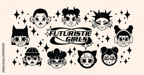 Retro cartoon characters in Y2K style. Cyber girls with stars for 90s-inspired design. Collection of funky futuristic vector mascots and objects