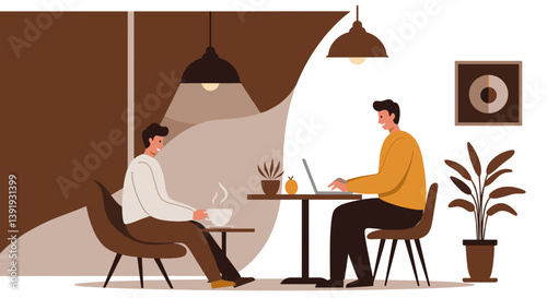 Two men working remotely in a cozy café environment  