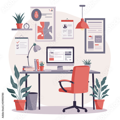 Modern office workspace with plants and documents in pastel colors  