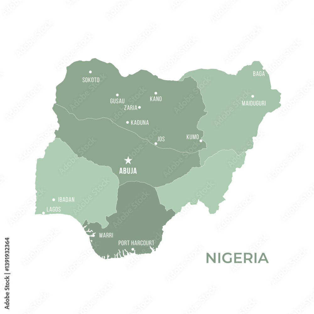 Fototapeta premium Map of Nigeria with Regions Borders and Famous Cities