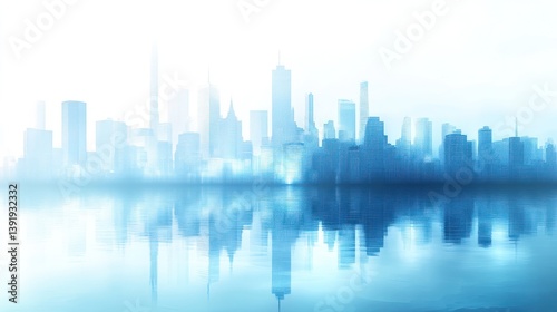 Misty city skyline reflected on water; tranquil urban view; background use