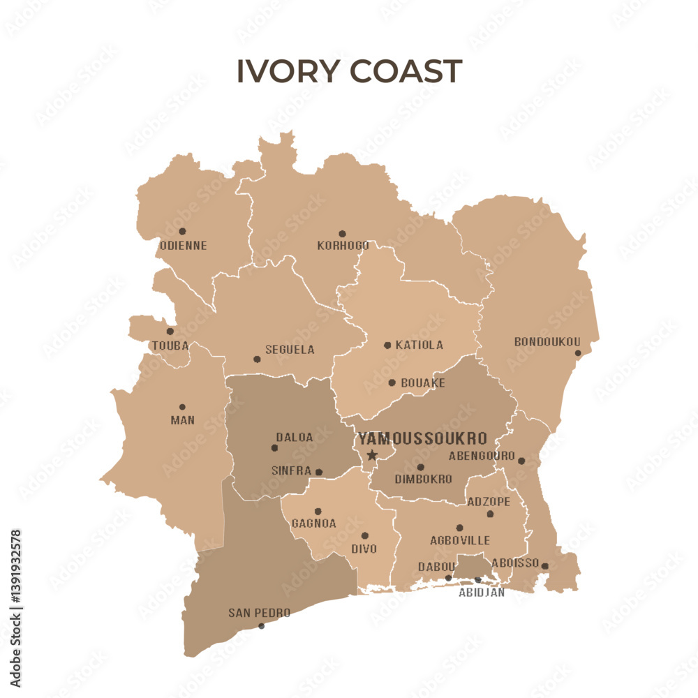 Obraz premium Map of IVORY COAST with Regions Borders and Famous Cities