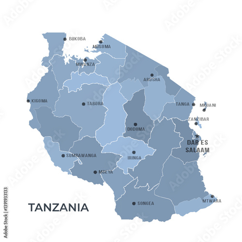 Map of TANZANIA with Regions Borders and Famous Cities