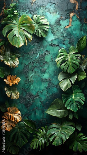 Tropical Green Leaves Phone Wallpaper  Gold Accents on Textured Teal Background | Vibrant Vertical Mobile Background

