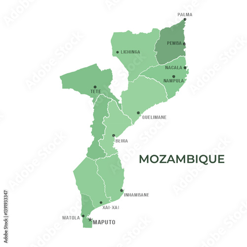 Map of MOZAMBIQUE with Regions Borders and Famous Cities