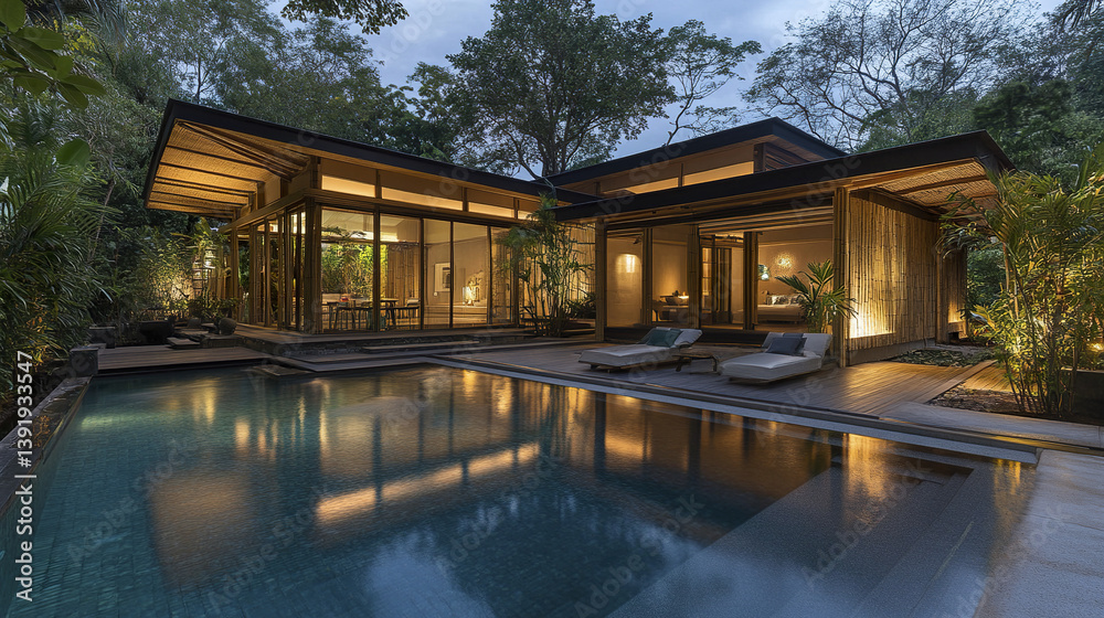 contemporary tropical retreat with bamboo and glass, featuring serene poolside view contemporary tropical retreat with bamboo and glass, featuring serene poolside view
