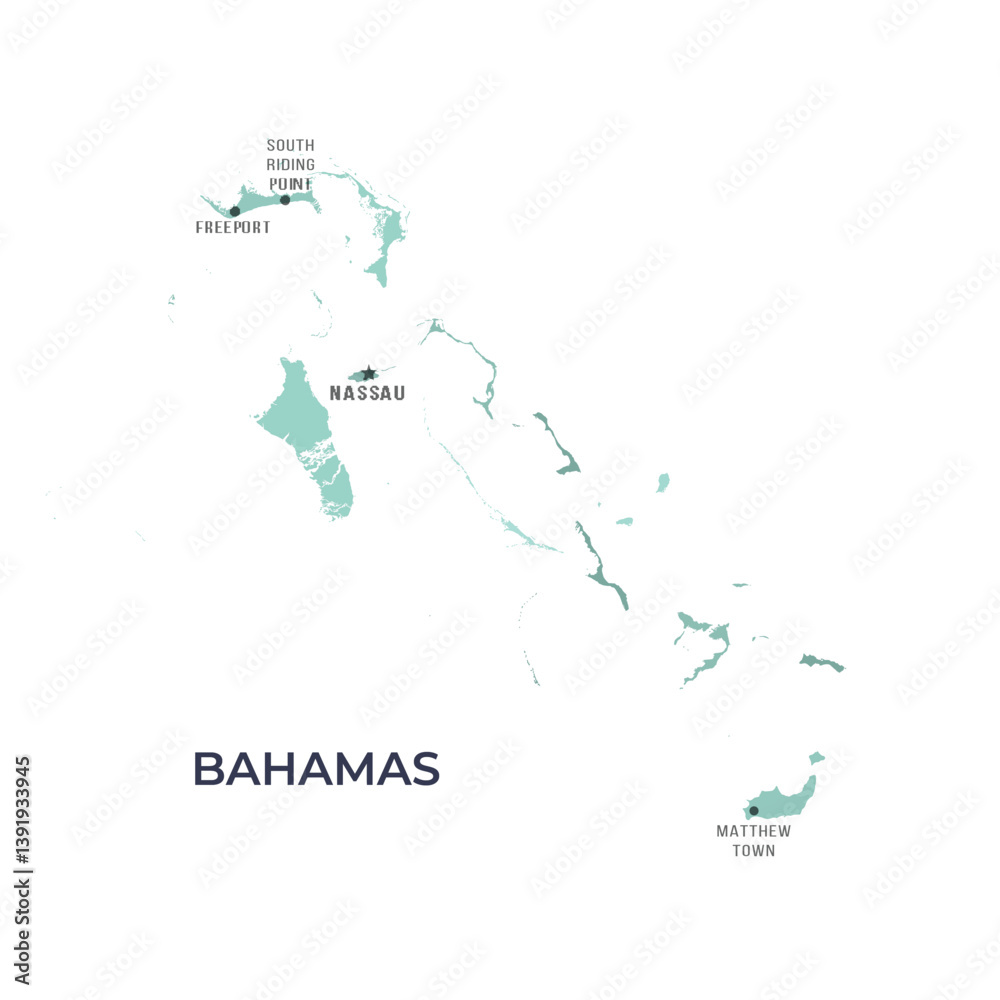 Naklejka premium Map of BAHAMAS with Regions Borders and Famous Cities