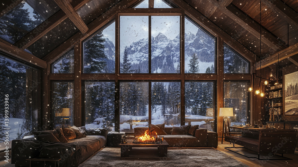 Fototapeta premium cozy alpine resort home with wooden beams and floor, snow falling outside