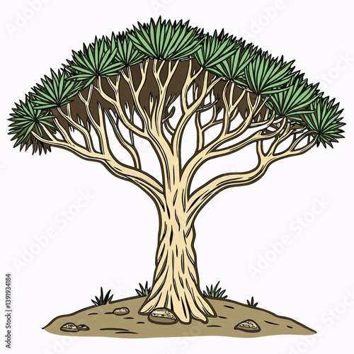A stunning vector illustration of the unique Socotra Dragon tree, showcasing its striking, otherworldly appearance and vibrant details
