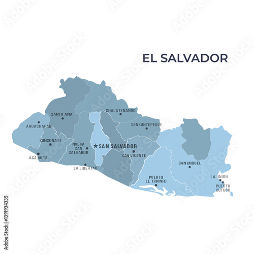 Map of EL SALVADOR with Regions Borders and Famous Cities