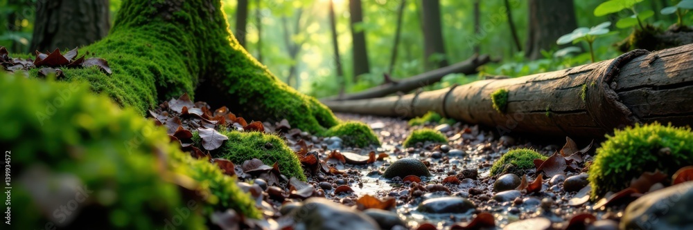 Muddy forest floor with mossy rocks and fallen logs, earthy, forest Muddy forest floor with mossy rocks and fallen logs, earthy, forest