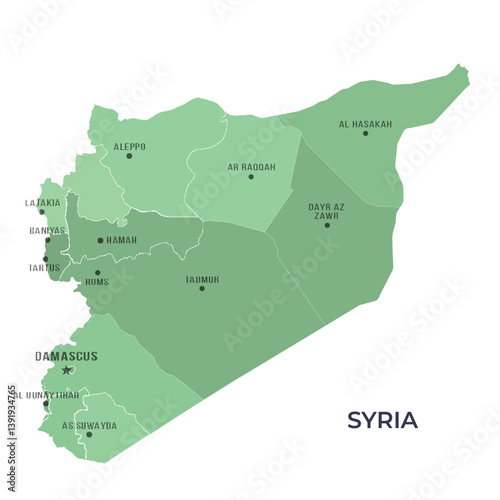 Map of SYRIA with Regions Borders and Famous Cities