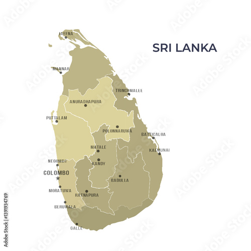 Map of SRI LANKA with Regions Borders and Famous Cities