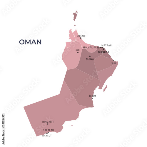 Map of OMAN with Regions Borders and Famous Cities