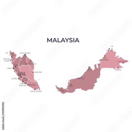 Map of MALAYSIA with Regions Borders and Famous Cities