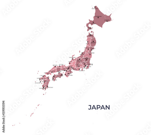 Map of JAPAN with Regions Borders and Famous Cities