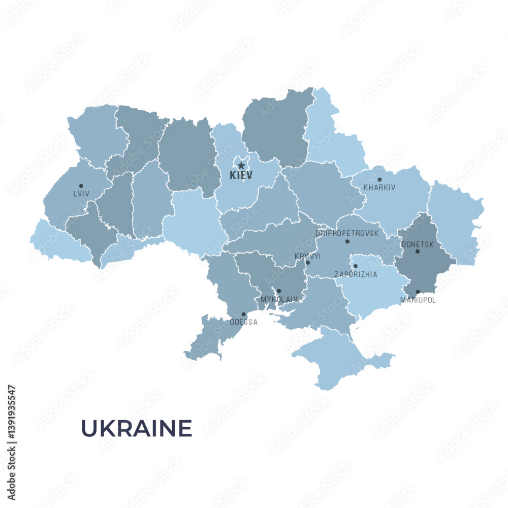 Obraz premium Map of UKRAINE with Regions Borders and Famous Cities