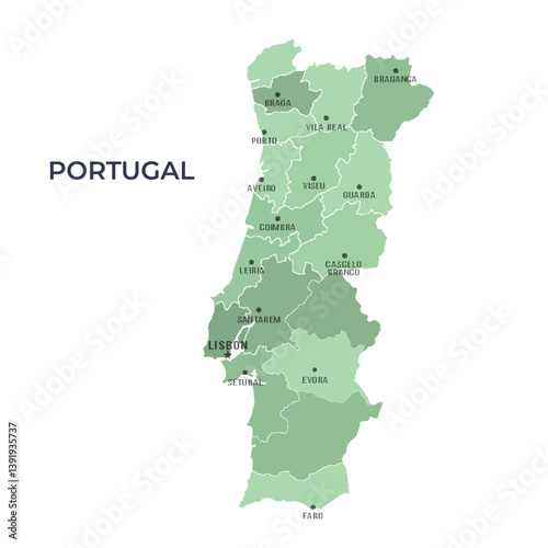 Map of PORTUGAL with Regions Borders and Famous Cities